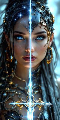 The primary subject of the image is a woman with blue eyes, wearing a gold headdress and a necklace. She is depicted with a sword in her hand, and her eyes are glowing with a blue light. The setting appears to be a fantasy or mythical world, as the woman is wearing a gold headdress and a necklace. The visual style of the image is digital art, as it is a detailed and intricate illustration. The colors and mood of the image are vibrant and magical, with the blue eyes and gold headdress adding a sense of wonder and enchantment to the scene.